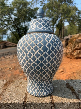 14” Ceramic Latticed Blue & White Ginger Jar