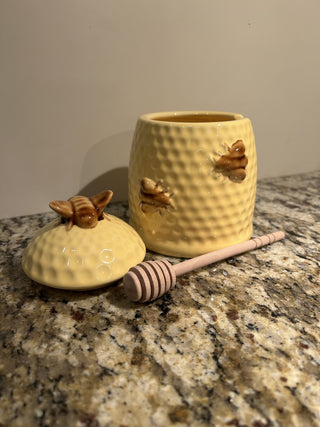 Stoneware Honey Jar with Lid and Wood Honey Dipper  MTS|75298