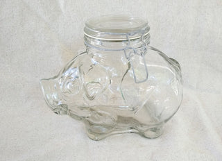 #62 VV Vintage Clear Glass Piggy Cookie Mason Storage Jar Canister With Wire Bail Lid MTS|60315