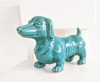 Vintage MCM Dachshund Teal Glazed Figurine #62 VV MTS|100662