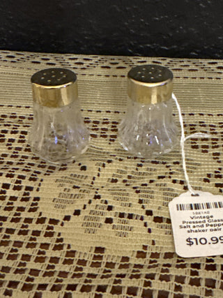 Vintage Pressed Glass Salt and Pepper shaker pair with Gold Lids - RCD