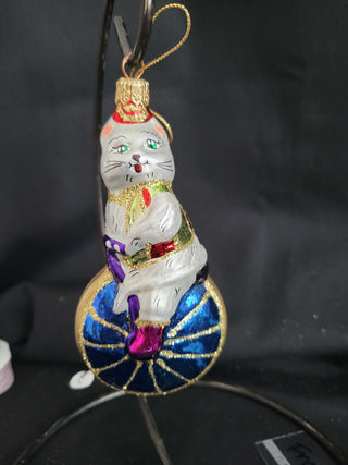 Blown Glass Cat Riding a Unicycle Ornament RCD|130628