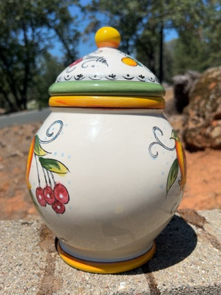 Ceramic cannister with lid and fruit hand painted by Fruitteria