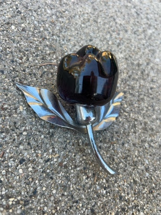 JP Amethyst Stone Fruit Art Glass and Metal Sculpture 3.5” x 4”