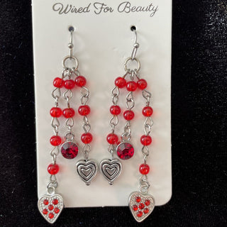 dangle earrings, hearts and red beads RSV