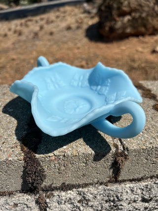 vintage Fenton Blue Satin Glass Butterfly Candy Dish RSV