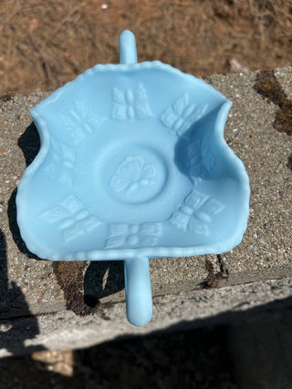 vintage Fenton Blue Satin Glass Butterfly Candy Dish RSV