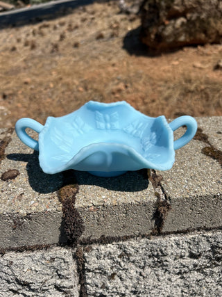 vintage Fenton Blue Satin Glass Butterfly Candy Dish RSV