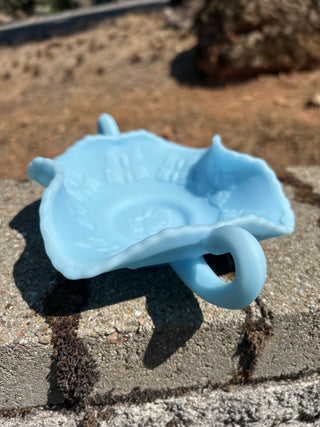 vintage Fenton Blue Satin Glass Butterfly Candy Dish RSV