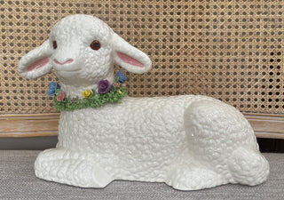 LARGE CERAMIC LAMB WITH LOVELY FLORAL WREATH AROUND NECK 12.5"L X 9"T X 5"W BEAUTIFUL EASTER DECOR STORE PICK UP ONLY (KJS) RCD
