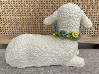 LARGE CERAMIC LAMB WITH LOVELY FLORAL WREATH AROUND NECK 12.5"L X 9"T X 5"W BEAUTIFUL EASTER DECOR STORE PICK UP ONLY (KJS) RCD