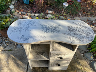 Vintage Solid Wood Kidney Table/Chest Custom Designed Gray Butterfly Table w/Drawers. RSV|128779