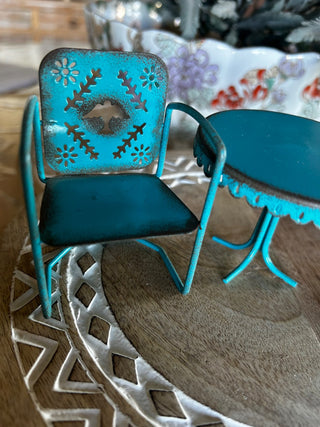 Turquoise Metal Dollhouse Garden Set, 2 Chairs & Table-RSV|118080