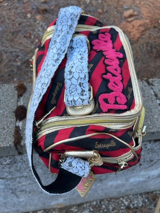 JP Betsey Johnson Betseyville makeup patch handbag featuring beauty-themed embroidered patches