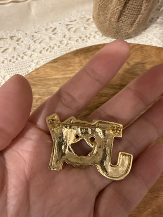 Vintage AAI Joy Christmas Pin Wreath Glitter Gold Tone Red Green 1 1/2"|137542