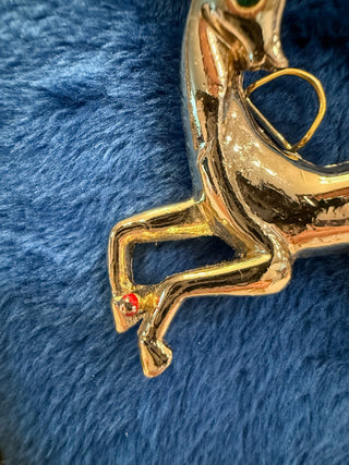 Christmas Deer Brooch Pin Gold Tone Holly Ivy Berry Enamel Holiday Vintage|139012