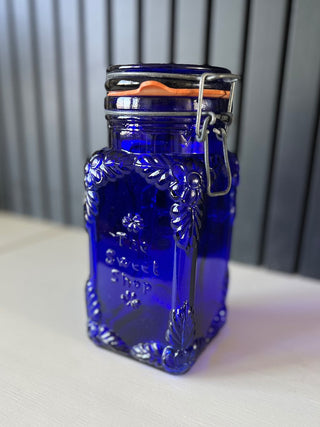 Vintage cobalt glass cookie jar RSV