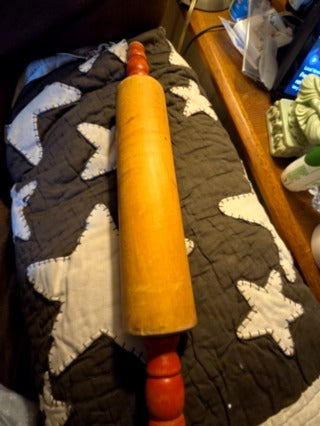 Vintage Wood Rolling Pin Red Handles With Metal 17" Farmhouse Primitive Kitchen