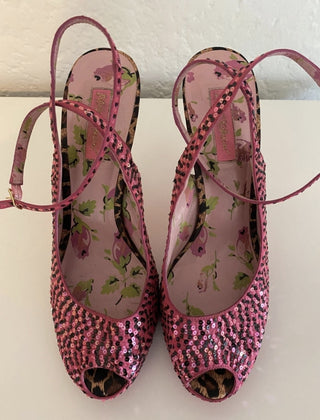 Betsey Johnson Pink & Black Sequin Platform Heels-RSV|80429
