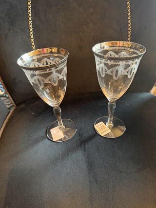 Pair Vintage Silver Morgantown White Gold Etched Wine Goblets #62 VV MTS