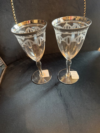 Pair Vintage Silver Morgantown White Gold Etched Wine Goblets #62 VV MTS
