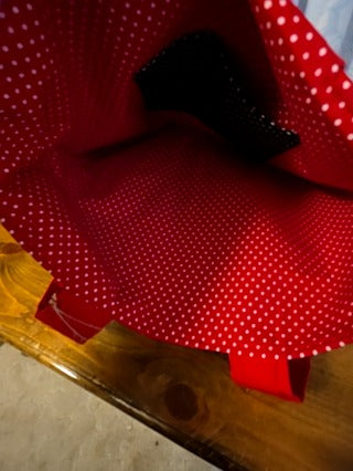 Handmade red tote, panels,  fully lined