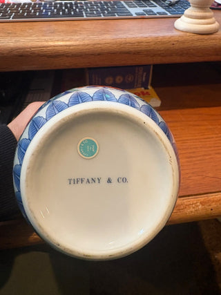 Tiffany & Co. Imari porcelain ginger jar/vase, blue/coral floral motif 5"
