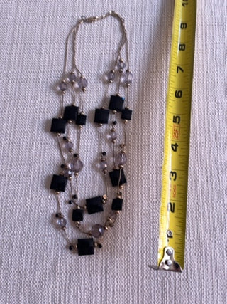 Vintage triple strand, black, gray beads, gold tone chain