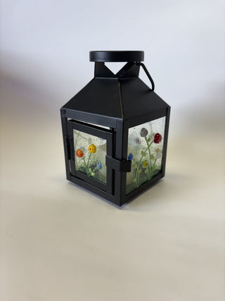 Black Lantern with Fused Glass Wildflower Panels 3.5" Square, 5.5" Tall - AnoGLass|97324