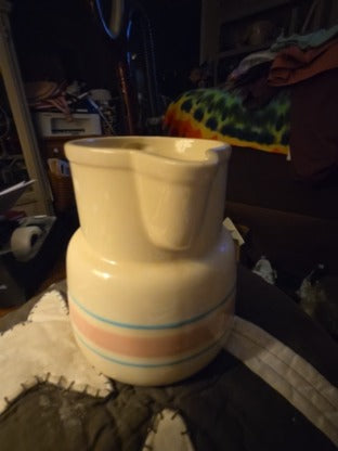 Vintage McCoy Pottery Pitcher with Pink and Blue Stripe #132 USA