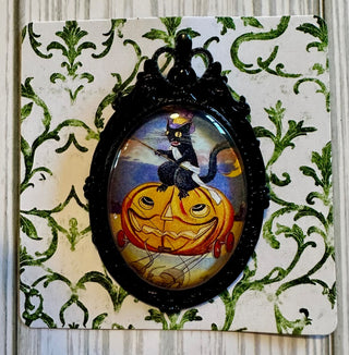 Vintage Style Brooch: Black Cat & Jack O Lantern w/Black Bezel  RCD|117493
