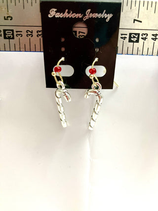 Silver drop dangle Christmas candy cane earrings|131173