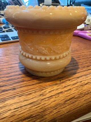 Vtg. St. Clair Caramel Slag Glass toothpick holder/tea light - headed holly band 2" RCD