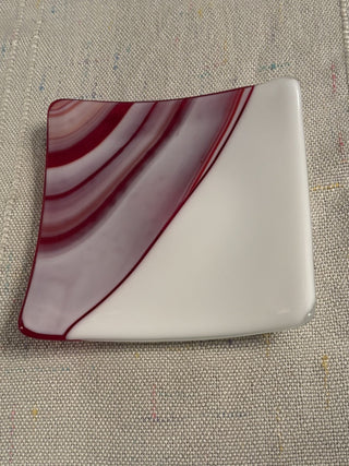 Fused Glass Red/White 6" Square Dish/Pillar Candle Holder - AnoGlass|46762