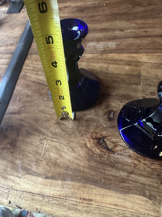 Vintage Cobalt Blue Glass Candlestick Pair Candle Hexagone Style #63 VV MTS|133705