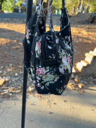 Magnolia floral black denim shoulder bag