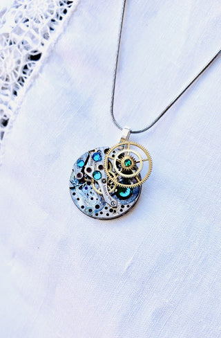 Steampunk Necklace with Teal & Green Crystals RSV