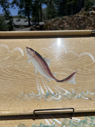 12F vintage set of 3 Woodpecker Woodware blonde wood trays with etched and painted fish MTS|83692