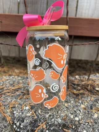 NEW Orange Ghost Glass Tumbler with Engraved Name Bamboo Lid and Glass Straw