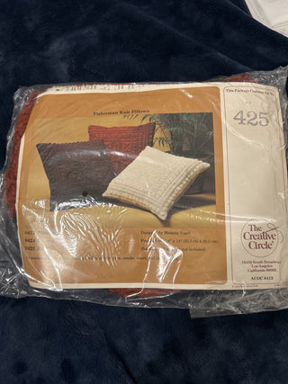 #91 NEW vintage "Fisherman Knit Pillows" Rust craft kit #425 by The Creative Circle, designed by Melanie Vogel