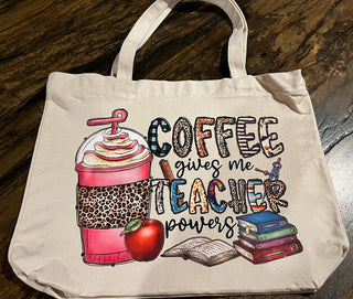 "Coffee Teacher Powers" Large Zippered Canvas Bag or Tote RSV