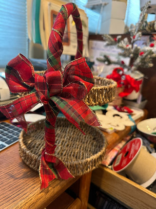 Two Tier Wicker Basket w/Christmas Ribbon on handle 12" RCD|95445