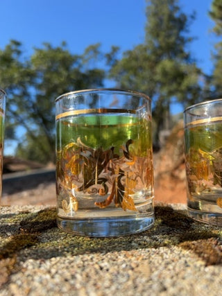SET OF 5 Mid Century Neiman Marcus Barware Green & Gold Leaf Cocktail Rocks Glasses