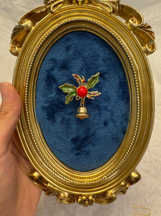 VTS Small Christmas Brooch Holly And Bell Gold Tone Enamel Holiday Red Green|140248