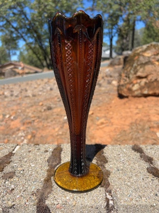 Vintage Tiara Indiana Glass Amber Zipper Ribbon Trumpet Vase Pedestal 10”