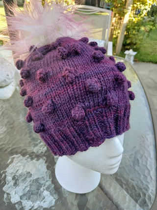 Beanie Plum Color, hand knit with bobbles and pom pom|117050
