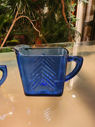 Vtg Hazel Atlas Open Sugar/ Creamer Cobalt Blue Chevron RSV|71646