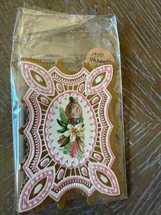 1900 Valentines Day card pink and gold with Lilly in vase  RCD