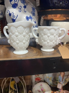 White  Vtg Fostoria Daisy & Button Milk Glass cream & sugar, 3.5x3.5 and 3x 4 inches
