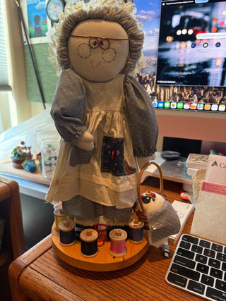Sewing Grandma - on wooden rotating stand- decorative. 14" RCD